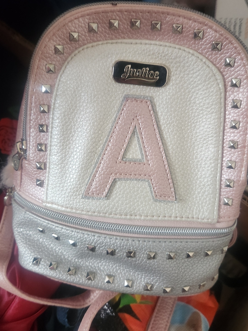 Justice Metallic Silver and Blush Pink Mini Backpack with Stud Accents